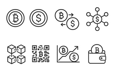 Cryptocurrency and finance line icon set. blockchain, bitcoin payment symbols