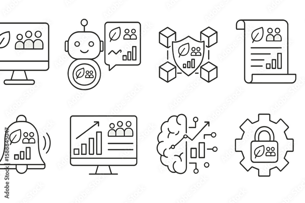 Poster technology and ai outline icon set: digital innovation, data security, automation icons