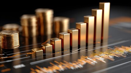 Golden Coins Stacked with Increasing Bar Graph Illustrating Financial Growth and Investment Trends