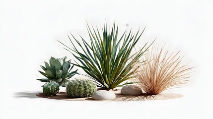 Fototapeta premium Collection of Diverse Succulents and Cacti Arranged on Soft Sand in a Minimalist Display
