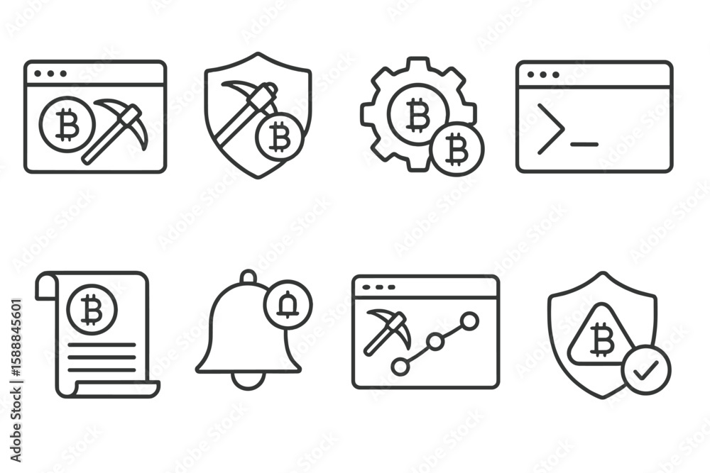 Poster cryptocurrency mining line icon set with blockchain and digital currency symbols