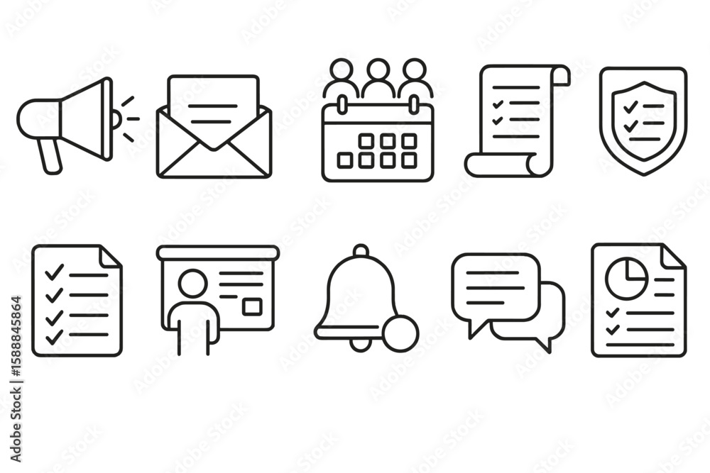 Poster communication and planning outline icon set. organization linear style collection