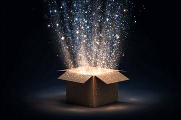 Illustration of a magical box emitting sparkles and light, representing mystery and surprise