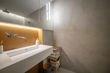 Modern bathroom interior in minimal scandinavian style, 3d render