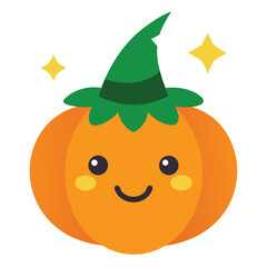 Whimsical grinning pumpkin character with bright starry eyes and a vibrant green leaf accent perfect for halloween celebrations