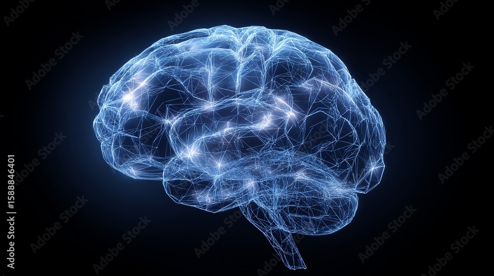 Poster glowing neural network brain with digital impulses representing artificial intelligence and human co