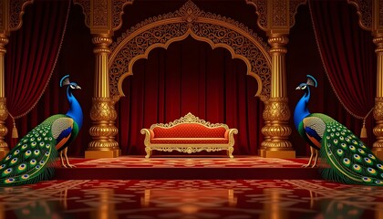 Stage featuring carved golden peacocks, velvet backdrop, and red-gold theme decor