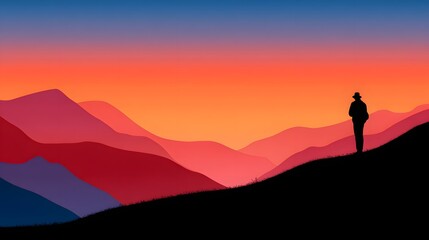 Silhouetted Hiker on Mountain Ridge Against Vibrant Sunset Overlayered with Gradient Colors
