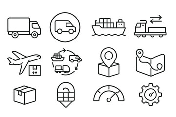 Fototapeta premium Transport and logistics line icon set. shipping, delivery, map outline collection