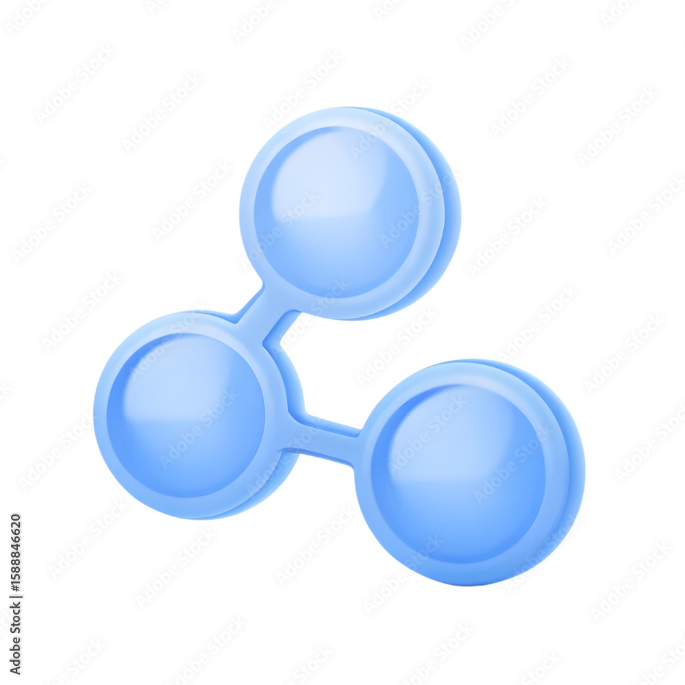 Poster abstract 3d blue molecule or network symbol with three connected spheres isolated on transparent bac
