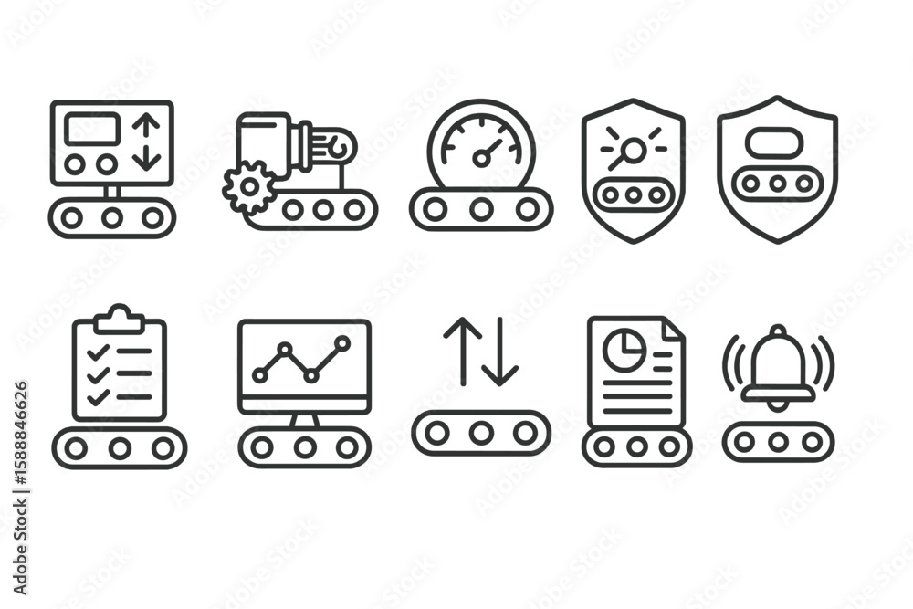 Poster technology and automation line icon set for innovation and industry solutions
