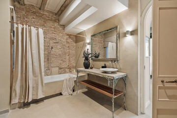 Modern bathroom interior in minimal scandinavian style, 3d render