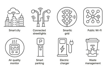 Smart city outline icon set. connectivity, technology, urban development symbols