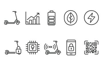 Electric scooter, battery, and security linear icon set. mobility tech outline symbols