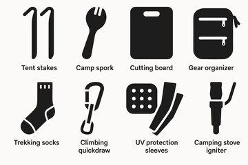 Camping essentials solid icon set. outdoor gear, hiking tools, trekking supplies collection