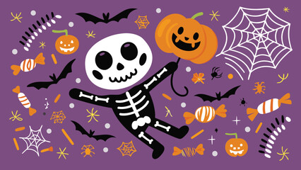 Halloween themed illustration featuring a skeleton, pumpkins, bats, and various candies