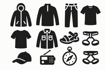 Camping and outdoor silhouette icon set. adventure, gear minimalist collection
