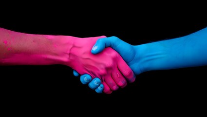 Stock photo of pink and blue hands shaking on black background for business concept