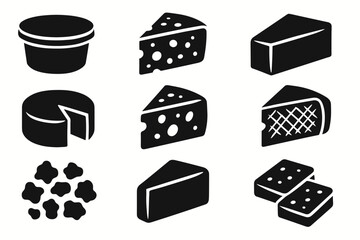 Cheese and dairy solid icon set. milk, feta, gouda, parmesan, cheddar graphics