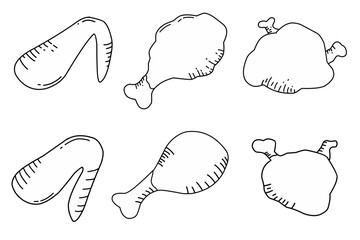 A collection of cartoon-style fried chicken parts, including wings, drumsticks, and breasts. Perfect for fast food design themes, restaurant menus, food icons, or culinary illustrations.