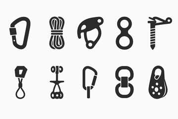 Climbing equipment solid icon set. gear, safety, hiking essentials solid collection