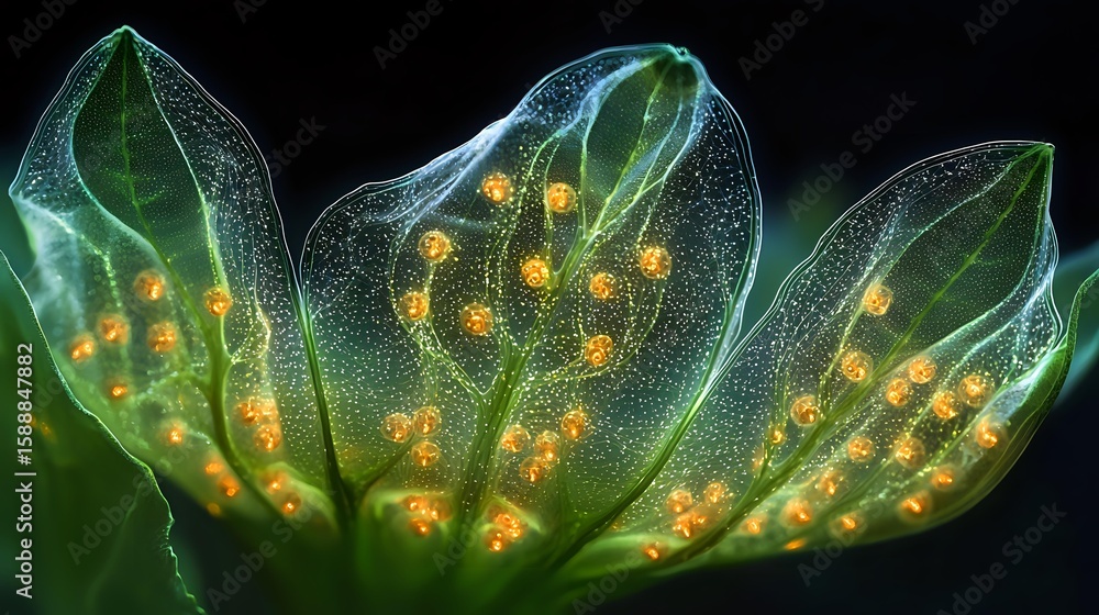 Poster glowing translucent green petals with golden spores creating magical botanical macro art against dar