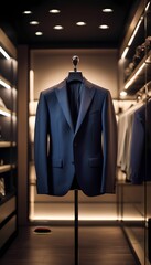 Male elegant suit jacket on a stand rack in a men clothing boutique, vertical image.