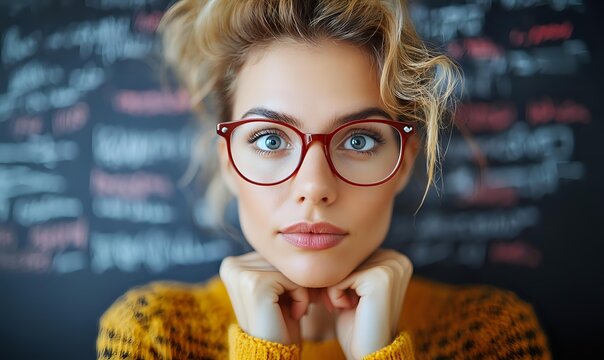 Young woman in red glasses and yellow sweater looking thoughtfully at camera against chalkboard background with mathematical formulas and equations.