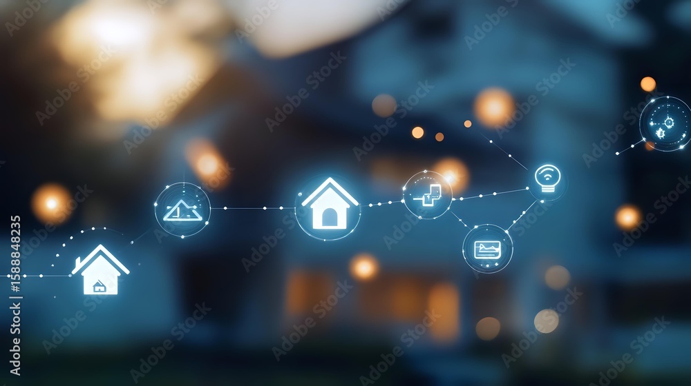 Poster Connected smart home icons with glowing network lines against blurred residential background with bokeh lights creating modern home automation concept.