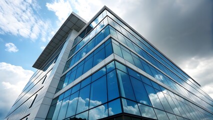 Modern Office Building with Glass Facade Reflecting Cloudy Sky – Contemporary Architecture