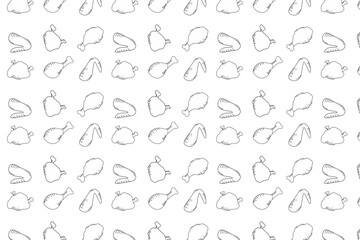 Seamless vector pattern featuring cartoon-style fried chicken pieces including wings, drumsticks, and breasts. Ideal for food packaging, fast food branding, restaurant menus, and background