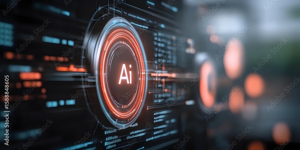 Poster glowing red ai symbol with digital interface elements and futuristic hud display against dark backgr