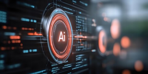 Glowing red AI symbol with digital interface elements and futuristic HUD display against dark background, representing artificial intelligence technology.