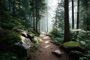 Sunlit forest pathway amidst lush greenery and towering trees