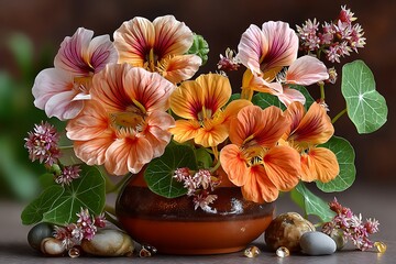 Obraz premium Colorful nasturtiums with white blossoms high resolution picture