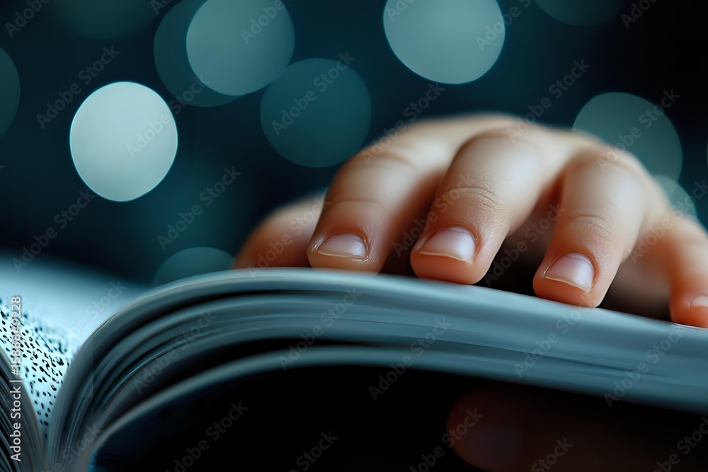 Aufkleber fingers gently turning pages of open book against dark background with soft bokeh lights creating at