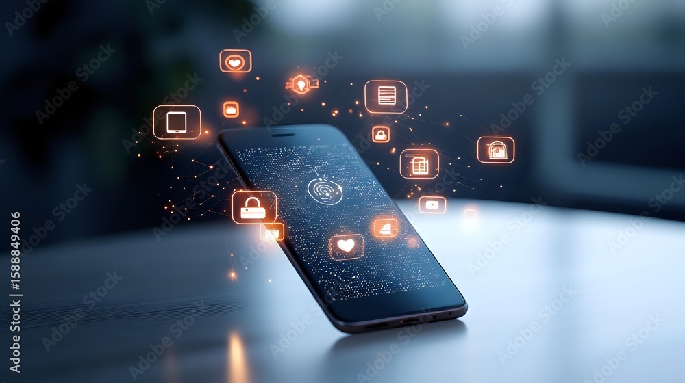 Poster smartphone displaying glowing social media icons and network connections floating above screen on da