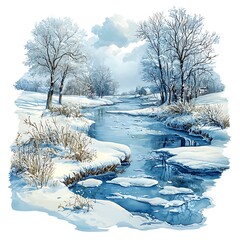 Serene Winter Stream with Snow Covered Trees and Gentle Ice Floes.