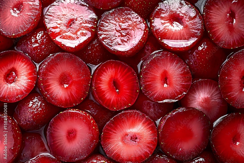 Poster fresh sliced red radish circles arranged in rows showing vibrant inner pattern and texture, covered 