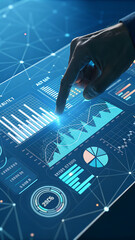 Analyzing Financial Data with Interactive Charts and Graphs A Hand Points to a Key Metric on a Digital Display Indicating Data Analysis and Strategic Decision