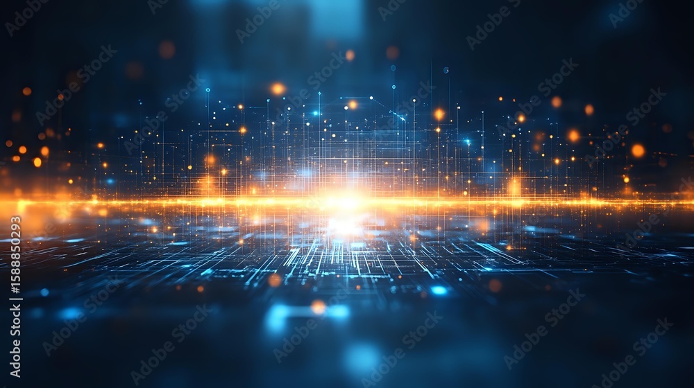Aufkleber digital technology landscape with glowing orange and blue circuit paths leading to bright horizon, a