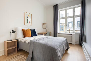 Modern luxury bedroom interior in minimal scandinavian style, 3d render