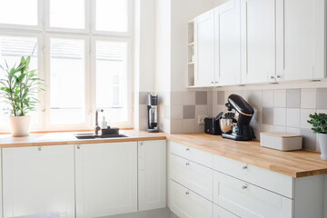 Modern luxury kitchen interior in minimal scandinavian style, 3d render