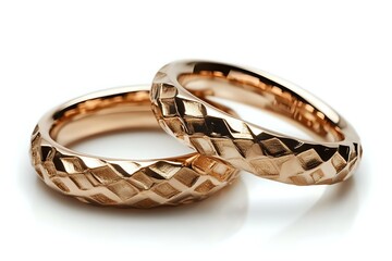 Rose gold wedding bands featuring geometric diamond-cut pattern and luxurious metallic finish on white background, isolated for jewelry marketing and bridal design.