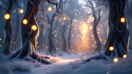 Enchanted Winter Forest with Fireflies at Dawn