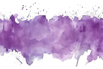 Fototapeta premium Purple watercolor brush stroke with splatter effect on white background, artistic abstract horizontal banner design element for creative projects.