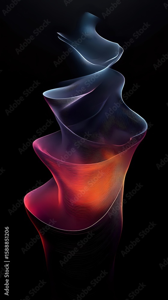 Poster abstract flowing lines creating dynamic spiral shape with gradient colors from blue to orange on bla