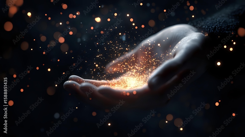 Poster magical glowing sparkles and light particles floating above an open palm against dark background, cr