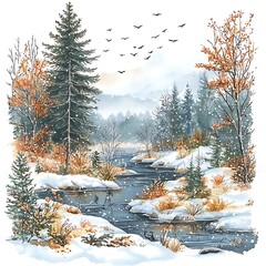Serene Winter Forest Scene with Flowing Stream and Birds in Sky.