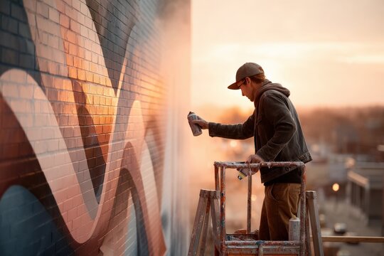 Young caucasian male artist spray painting mural on urban wall at sunset